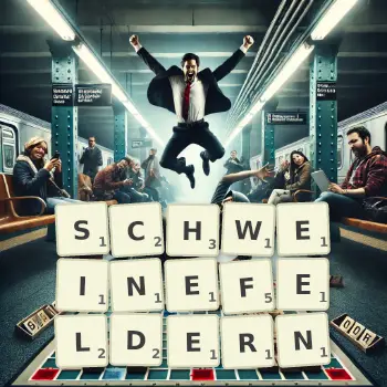 Kreative Illustration für ein Scrabble-Spiel, bei dem das Wort SCHWEINEFELDERN mit Steinen auf dem Brett gelegt wurde.