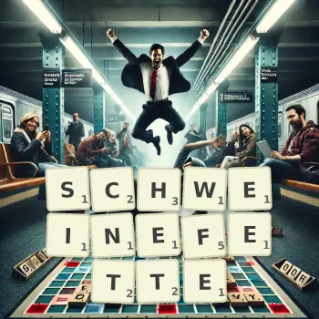 Kreative Illustration für ein Scrabble-Spiel, bei dem das Wort SCHWEINEFETTE mit Steinen auf dem Brett gelegt wurde.