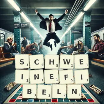 Kreative Illustration für ein Scrabble-Spiel, bei dem das Wort SCHWEINEFIBELN mit Steinen auf dem Brett gelegt wurde.