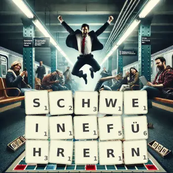 Kreative Illustration für ein Scrabble-Spiel, bei dem das Wort SCHWEINEFÜHRERN mit Steinen auf dem Brett gelegt wurde.