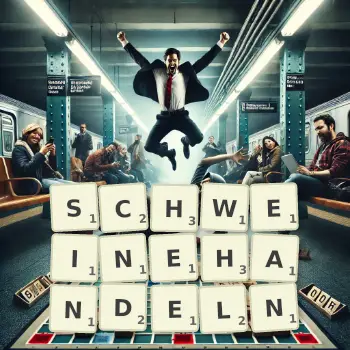 Kreative Illustration für ein Scrabble-Spiel, bei dem das Wort SCHWEINEHANDELN mit Steinen auf dem Brett gelegt wurde.
