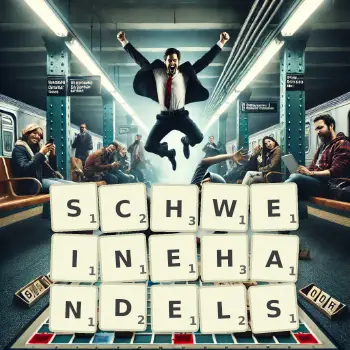 Kreative Illustration für ein Scrabble-Spiel, bei dem das Wort SCHWEINEHANDELS mit Steinen auf dem Brett gelegt wurde.