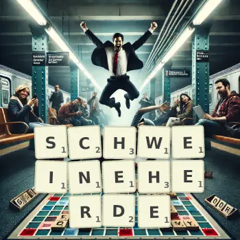 Kreative Illustration für ein Scrabble-Spiel, bei dem das Wort SCHWEINEHERDE mit Steinen auf dem Brett gelegt wurde.