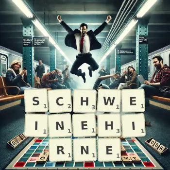 Kreative Illustration für ein Scrabble-Spiel, bei dem das Wort SCHWEINEHIRNE mit Steinen auf dem Brett gelegt wurde.