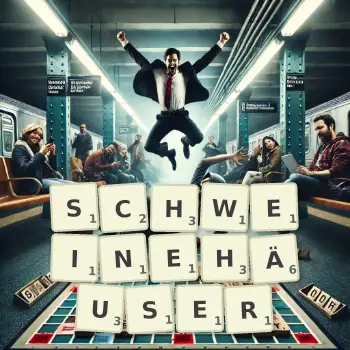 Kreative Illustration für ein Scrabble-Spiel, bei dem das Wort SCHWEINEHÄUSER mit Steinen auf dem Brett gelegt wurde.