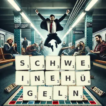 Kreative Illustration für ein Scrabble-Spiel, bei dem das Wort SCHWEINEHÜGELN mit Steinen auf dem Brett gelegt wurde.