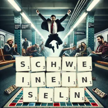 Kreative Illustration für ein Scrabble-Spiel, bei dem das Wort SCHWEINEINSELN mit Steinen auf dem Brett gelegt wurde.