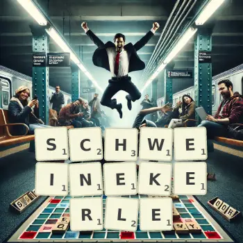 Kreative Illustration für ein Scrabble-Spiel, bei dem das Wort SCHWEINEKERLE mit Steinen auf dem Brett gelegt wurde.