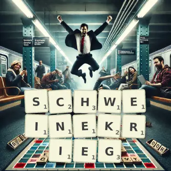 Kreative Illustration für ein Scrabble-Spiel, bei dem das Wort SCHWEINEKRIEG mit Steinen auf dem Brett gelegt wurde.