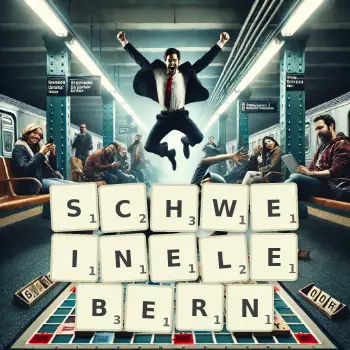 Kreative Illustration für ein Scrabble-Spiel, bei dem das Wort SCHWEINELEBERN mit Steinen auf dem Brett gelegt wurde.
