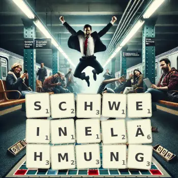 Kreative Illustration für ein Scrabble-Spiel, bei dem das Wort SCHWEINELÄHMUNG mit Steinen auf dem Brett gelegt wurde.