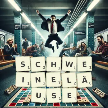 Kreative Illustration für ein Scrabble-Spiel, bei dem das Wort SCHWEINELÄUSE mit Steinen auf dem Brett gelegt wurde.