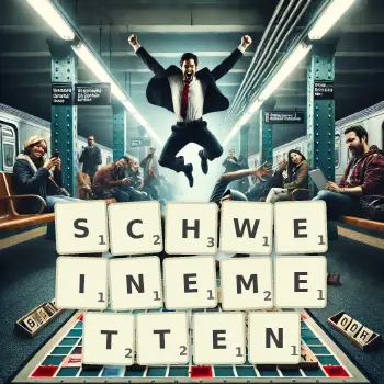 Kreative Illustration für ein Scrabble-Spiel, bei dem das Wort SCHWEINEMETTEN mit Steinen auf dem Brett gelegt wurde.