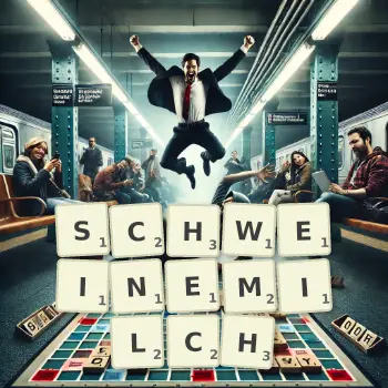 Kreative Illustration für ein Scrabble-Spiel, bei dem das Wort SCHWEINEMILCH mit Steinen auf dem Brett gelegt wurde.