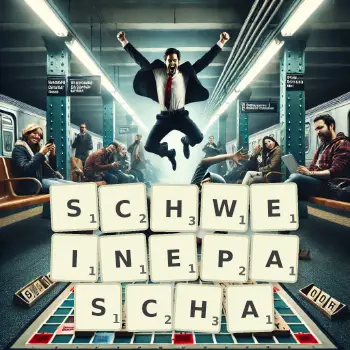 Kreative Illustration für ein Scrabble-Spiel, bei dem das Wort SCHWEINEPASCHA mit Steinen auf dem Brett gelegt wurde.
