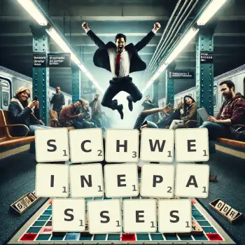 Kreative Illustration für ein Scrabble-Spiel, bei dem das Wort SCHWEINEPASSES mit Steinen auf dem Brett gelegt wurde.