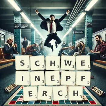 Kreative Illustration für ein Scrabble-Spiel, bei dem das Wort SCHWEINEPFERCH mit Steinen auf dem Brett gelegt wurde.