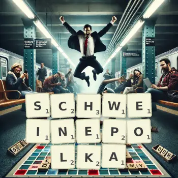 Kreative Illustration für ein Scrabble-Spiel, bei dem das Wort SCHWEINEPOLKA mit Steinen auf dem Brett gelegt wurde.