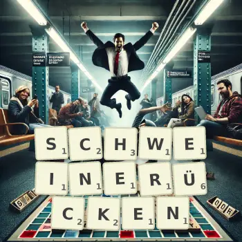 Kreative Illustration für ein Scrabble-Spiel, bei dem das Wort SCHWEINERÜCKEN mit Steinen auf dem Brett gelegt wurde.
