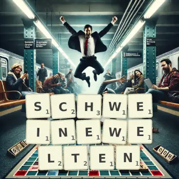 Kreative Illustration für ein Scrabble-Spiel, bei dem das Wort SCHWEINEWELTEN mit Steinen auf dem Brett gelegt wurde.