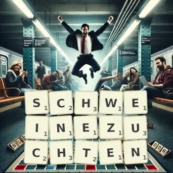 Kreative Illustration für ein Scrabble-Spiel, bei dem das Wort SCHWEINEZUCHTEN mit Steinen auf dem Brett gelegt wurde.