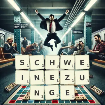 Kreative Illustration für ein Scrabble-Spiel, bei dem das Wort SCHWEINEZUNGE mit Steinen auf dem Brett gelegt wurde.