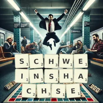 Kreative Illustration für ein Scrabble-Spiel, bei dem das Wort SCHWEINSHACHSE mit Steinen auf dem Brett gelegt wurde.