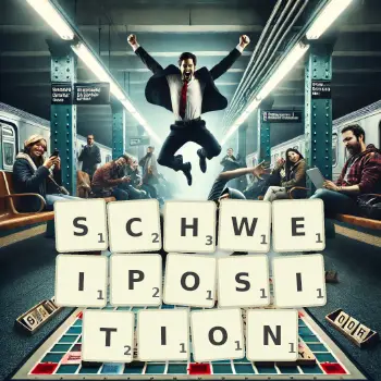 Kreative Illustration für ein Scrabble-Spiel, bei dem das Wort SCHWEIPOSITION mit Steinen auf dem Brett gelegt wurde.