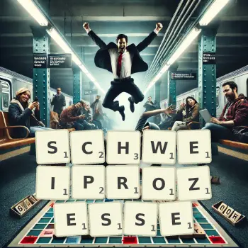 Kreative Illustration für ein Scrabble-Spiel, bei dem das Wort SCHWEIPROZESSE mit Steinen auf dem Brett gelegt wurde.
