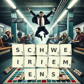 Kreative Illustration für ein Scrabble-Spiel, bei dem das Wort SCHWEIRIEMENS mit Steinen auf dem Brett gelegt wurde.
