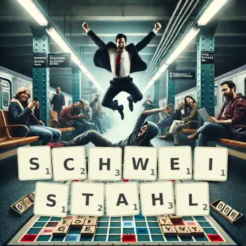 Kreative Illustration für ein Scrabble-Spiel, bei dem das Wort SCHWEISTAHL mit Steinen auf dem Brett gelegt wurde.