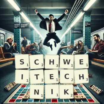 Kreative Illustration für ein Scrabble-Spiel, bei dem das Wort SCHWEITECHNIK mit Steinen auf dem Brett gelegt wurde.