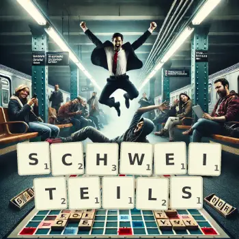 Kreative Illustration für ein Scrabble-Spiel, bei dem das Wort SCHWEITEILS mit Steinen auf dem Brett gelegt wurde.