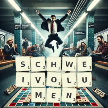 Kreative Illustration für ein Scrabble-Spiel, bei dem das Wort SCHWEIVOLUMEN mit Steinen auf dem Brett gelegt wurde.
