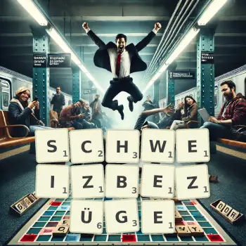 Kreative Illustration für ein Scrabble-Spiel, bei dem das Wort SCHWEIZBEZÜGE mit Steinen auf dem Brett gelegt wurde.