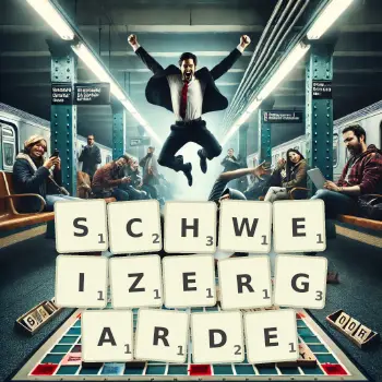 Kreative Illustration für ein Scrabble-Spiel, bei dem das Wort SCHWEIZERGARDE mit Steinen auf dem Brett gelegt wurde.