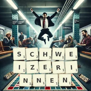 Kreative Illustration für ein Scrabble-Spiel, bei dem das Wort SCHWEIZERINNEN mit Steinen auf dem Brett gelegt wurde.