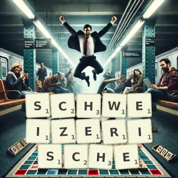 Kreative Illustration für ein Scrabble-Spiel, bei dem das Wort SCHWEIZERISCHE mit Steinen auf dem Brett gelegt wurde.