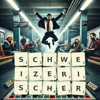 Kreative Illustration für ein Scrabble-Spiel, bei dem das Wort SCHWEIZERISCHER mit Steinen auf dem Brett gelegt wurde.
