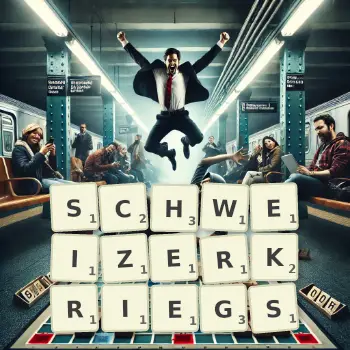 Kreative Illustration für ein Scrabble-Spiel, bei dem das Wort SCHWEIZERKRIEGS mit Steinen auf dem Brett gelegt wurde.