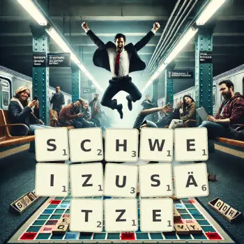 Kreative Illustration für ein Scrabble-Spiel, bei dem das Wort SCHWEIZUSÄTZE mit Steinen auf dem Brett gelegt wurde.