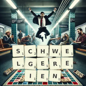 Kreative Illustration für ein Scrabble-Spiel, bei dem das Wort SCHWELGEREIEN mit Steinen auf dem Brett gelegt wurde.