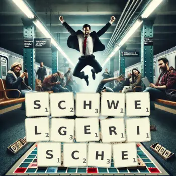 Kreative Illustration für ein Scrabble-Spiel, bei dem das Wort SCHWELGERISCHE mit Steinen auf dem Brett gelegt wurde.
