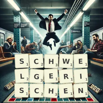 Kreative Illustration für ein Scrabble-Spiel, bei dem das Wort SCHWELGERISCHEN mit Steinen auf dem Brett gelegt wurde.