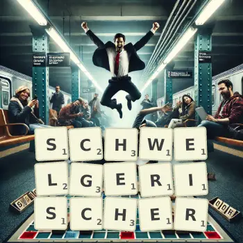 Kreative Illustration für ein Scrabble-Spiel, bei dem das Wort SCHWELGERISCHER mit Steinen auf dem Brett gelegt wurde.