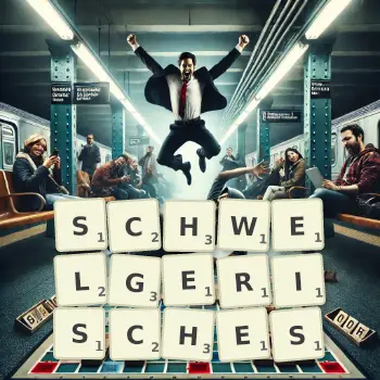 Kreative Illustration für ein Scrabble-Spiel, bei dem das Wort SCHWELGERISCHES mit Steinen auf dem Brett gelegt wurde.