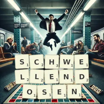Kreative Illustration für ein Scrabble-Spiel, bei dem das Wort SCHWELLENDOSEN mit Steinen auf dem Brett gelegt wurde.