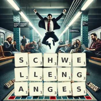 Kreative Illustration für ein Scrabble-Spiel, bei dem das Wort SCHWELLENGANGES mit Steinen auf dem Brett gelegt wurde.