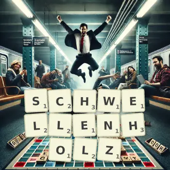 Kreative Illustration für ein Scrabble-Spiel, bei dem das Wort SCHWELLENHOLZ mit Steinen auf dem Brett gelegt wurde.