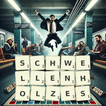 Kreative Illustration für ein Scrabble-Spiel, bei dem das Wort SCHWELLENHOLZES mit Steinen auf dem Brett gelegt wurde.